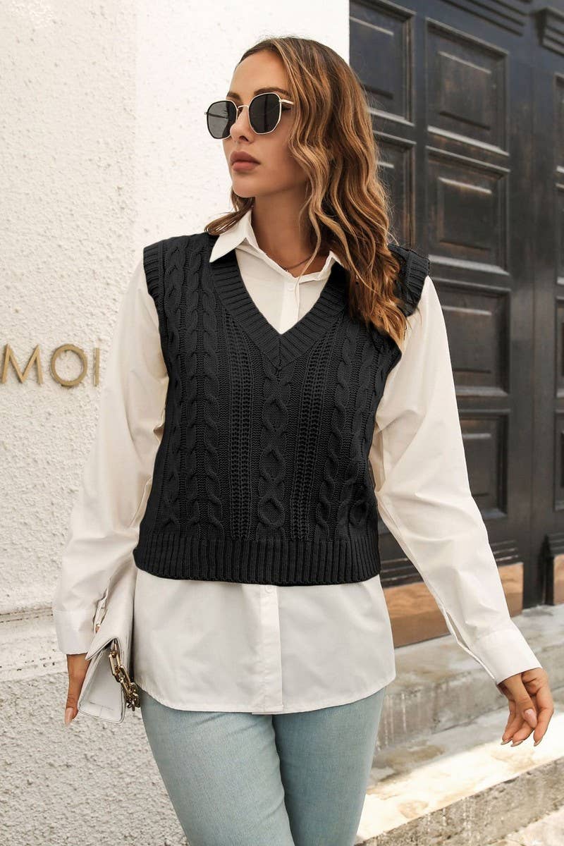 Cable Knit Sweater Vest - Black – Karden Lane