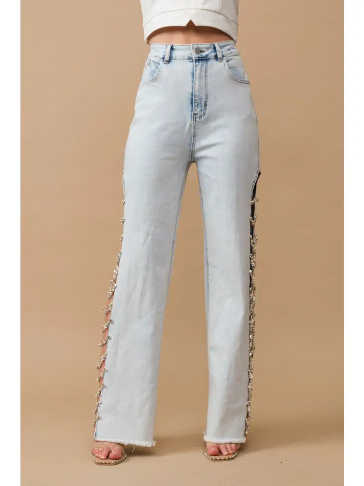 Jeweled Side Cut Jeans - Light Wash - Glam Rodeo