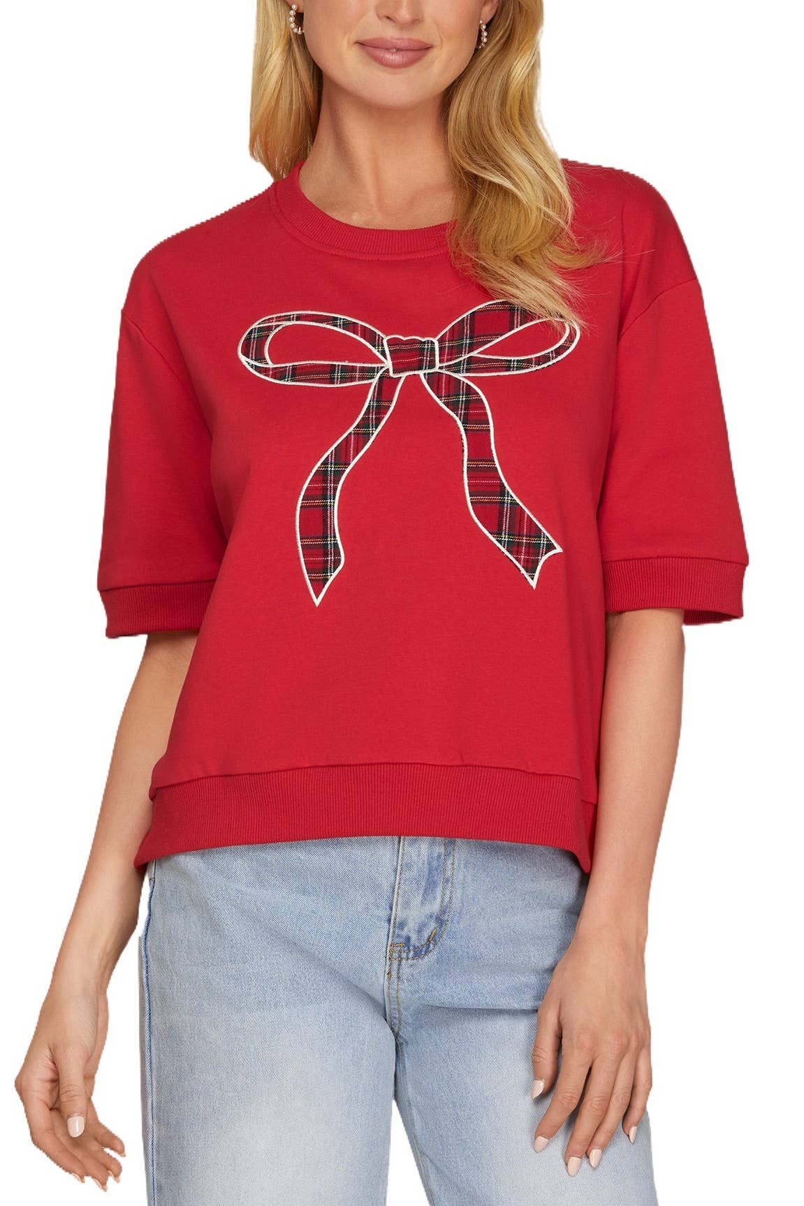 Plaid Bow Knit Top - Red