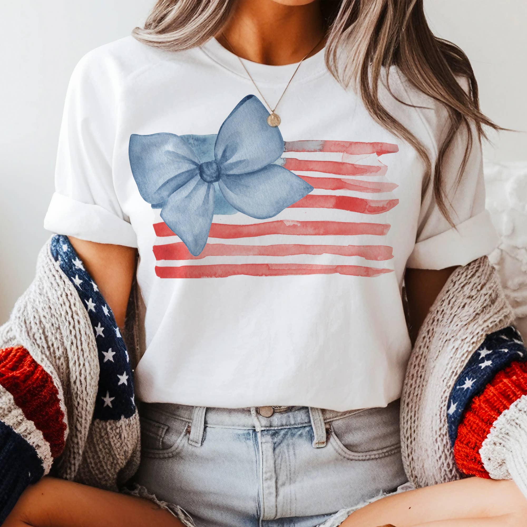 Watercolor American Flag Bow Graphic Tee - White