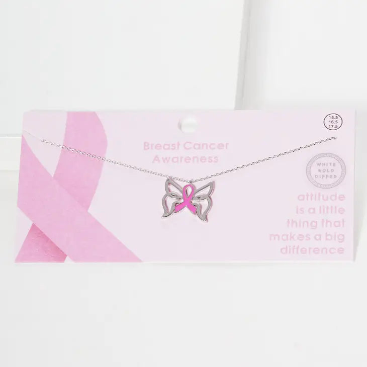 Breast Cancer Butterfly Ribbon Necklace - Silver