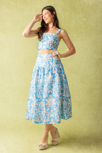 Floral Woven Midi Skirt - Blue Ivory