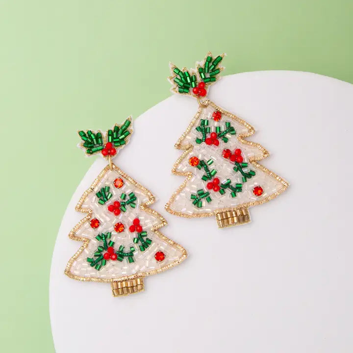 Holly Christmas Tree Beaded Earrings