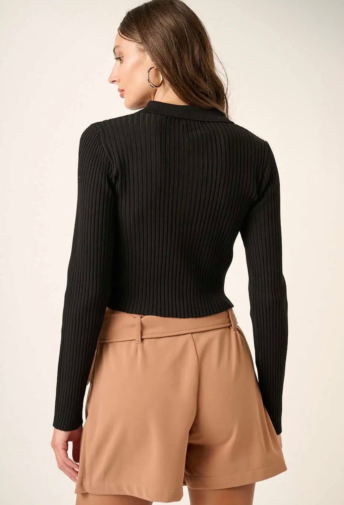 Polo Knit Cropped Top - Black