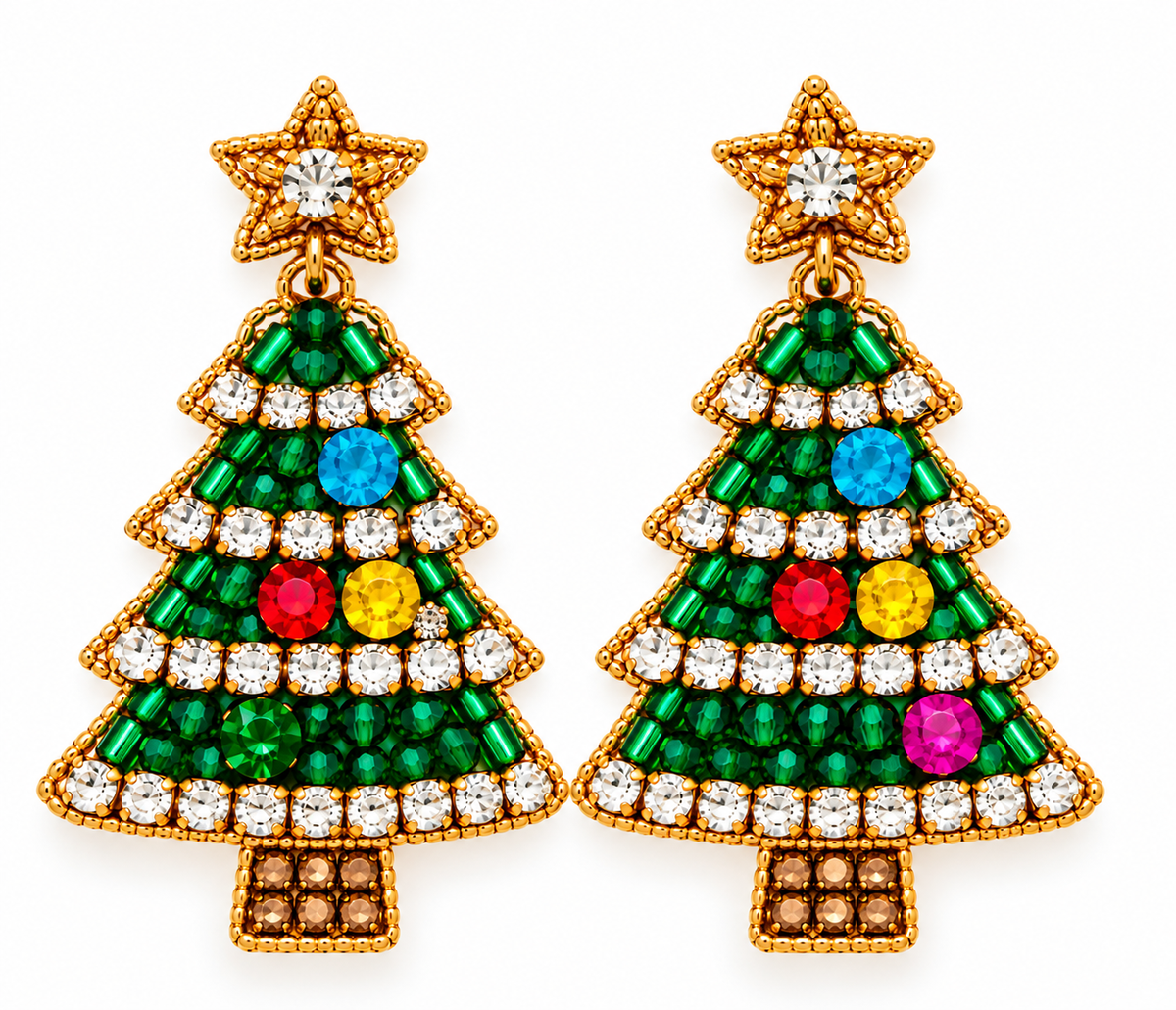 Christmas Tree Beaded Stud Earrings - Green
