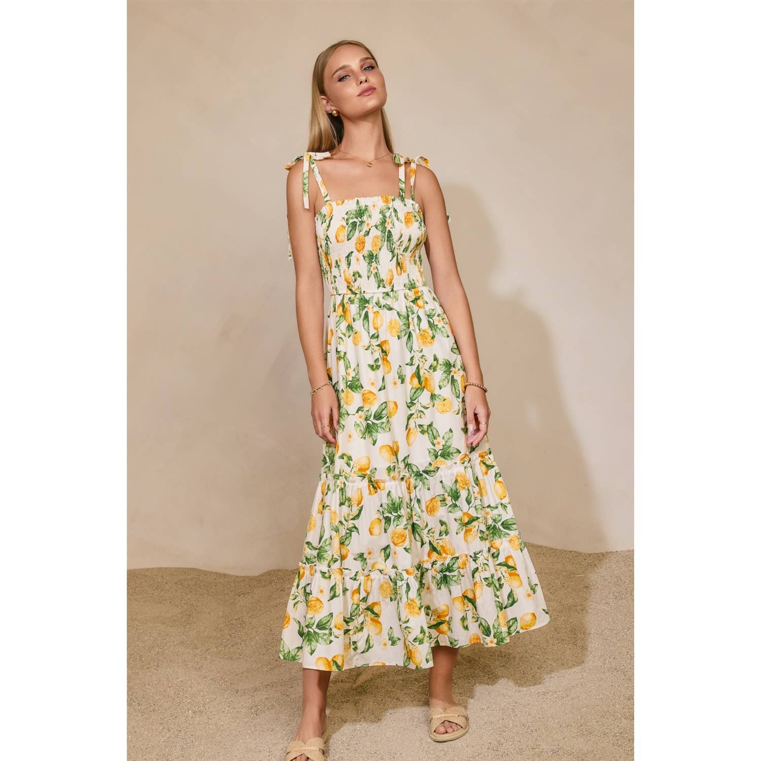 Lemon Tie Shoulder Tiered Dress