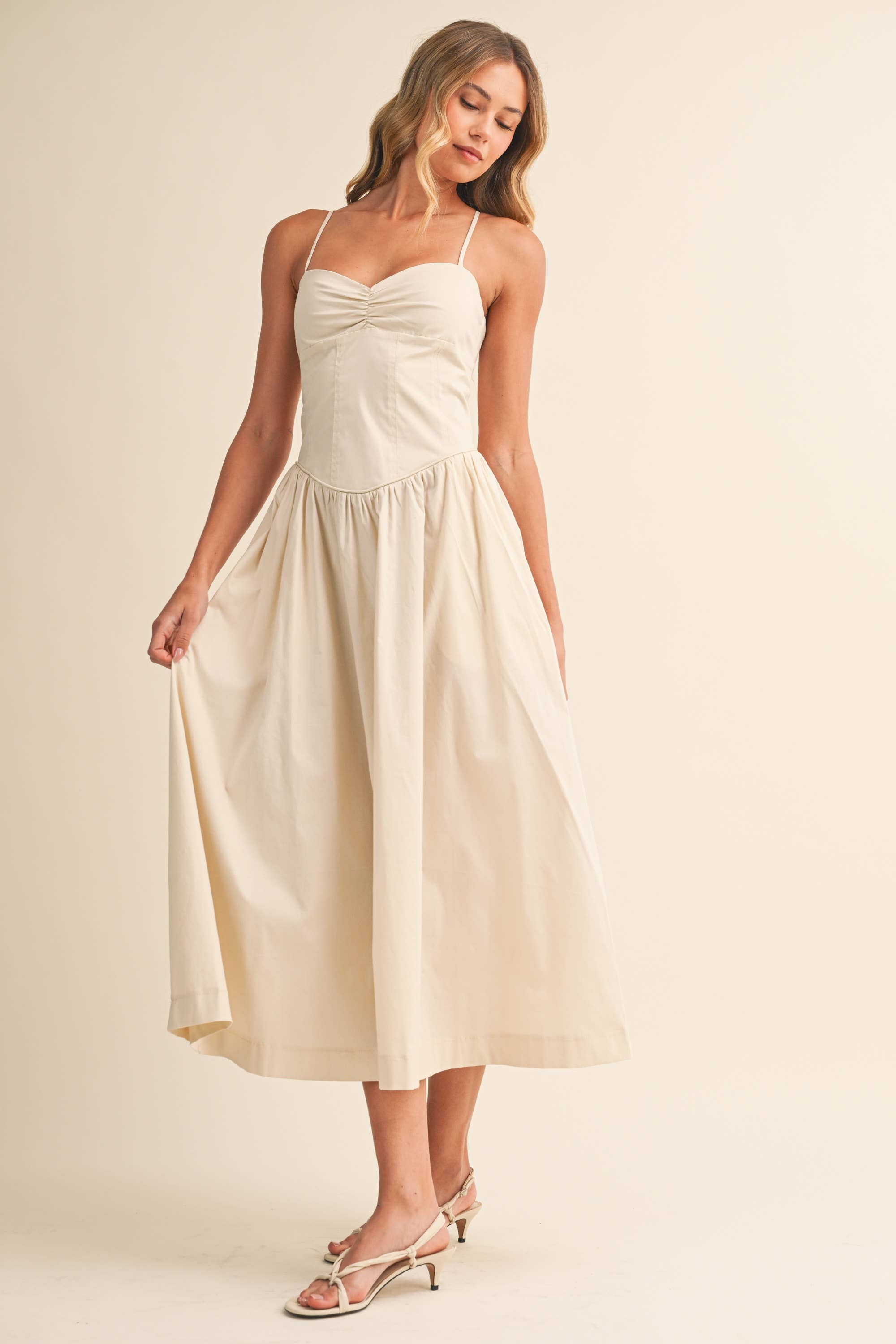 Popline Sweetheart Midi Dress - Beige