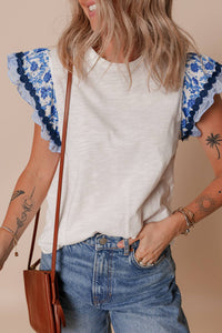 Floral Striped Sleeve Blouse - Blue