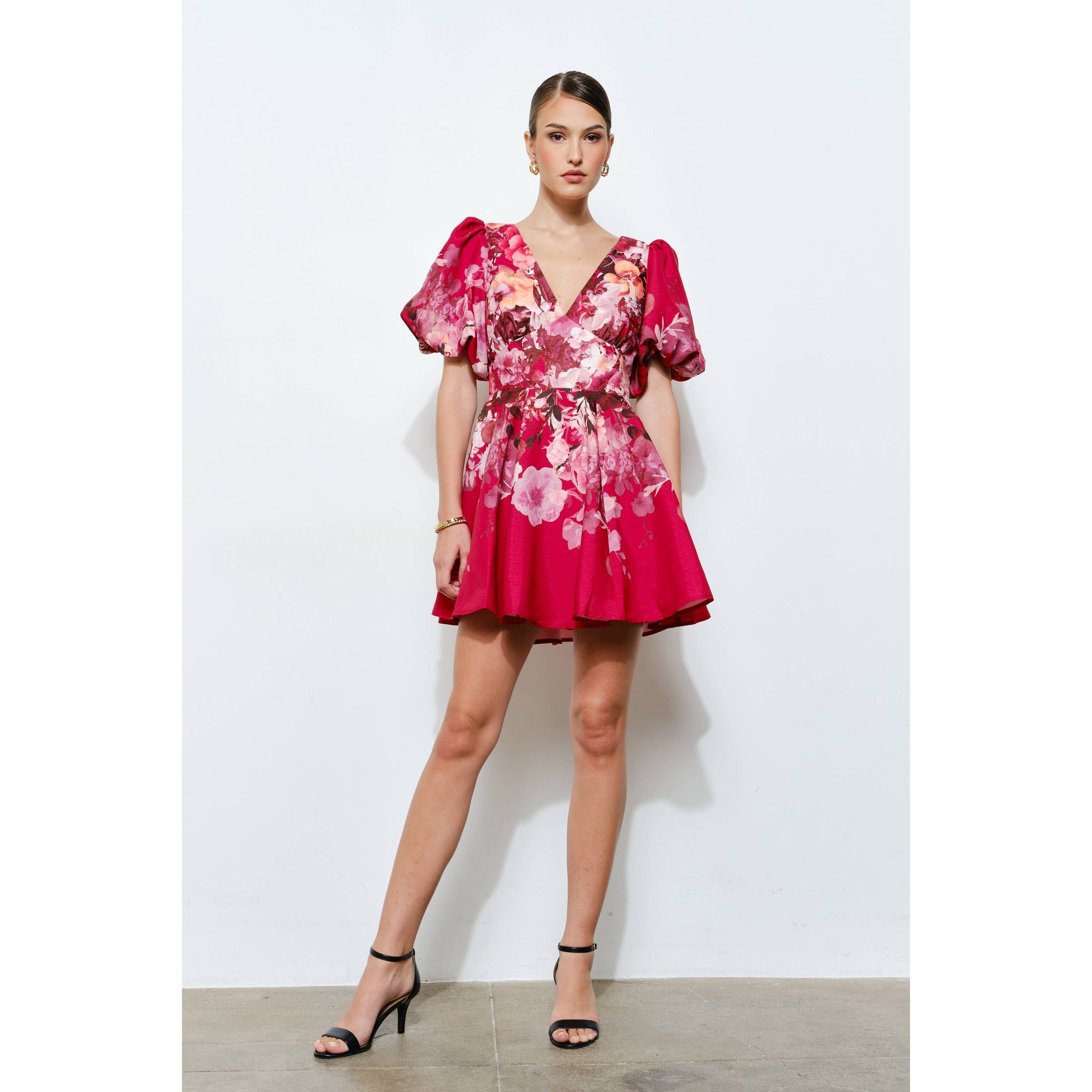 Floral Puff Sleeve Mini Dress - Floral Red