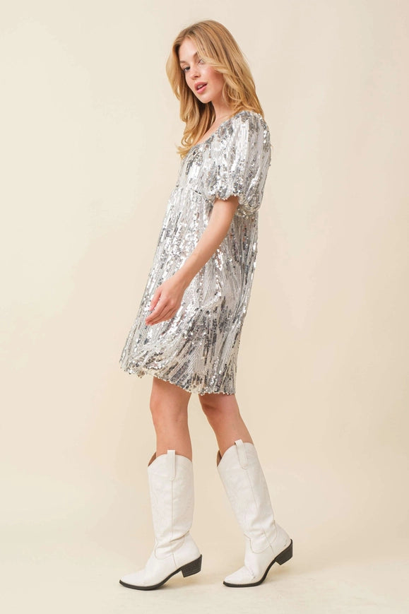 white sequin babydoll dress GS1967 | Sheer Bodice Sequin Babydoll Short Dress
