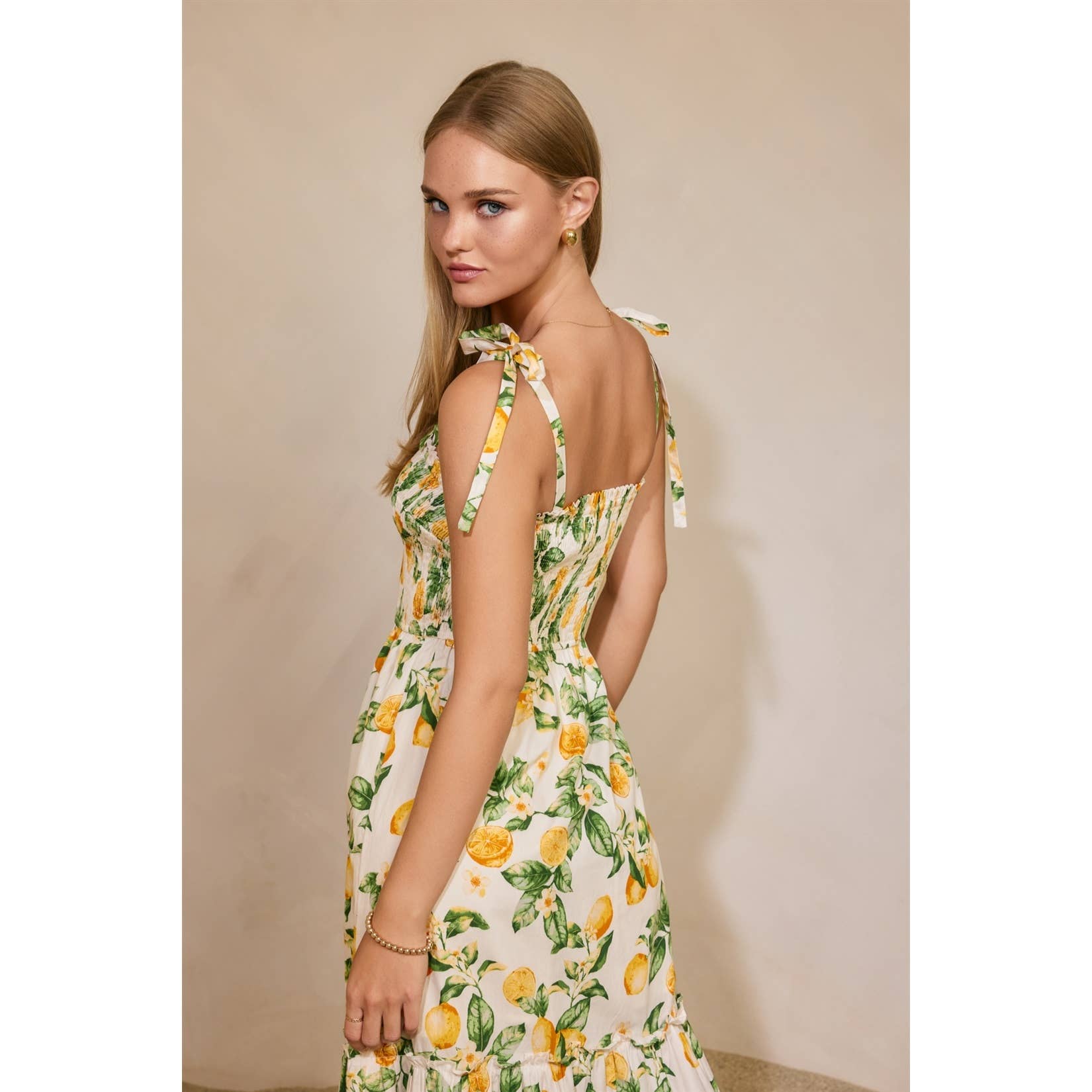 Lemon Tie Shoulder Tiered Dress