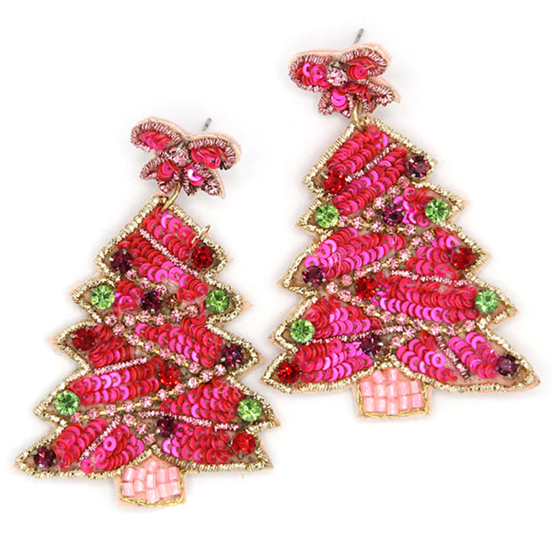 Christmas Tree Beaded Earrings - Pink