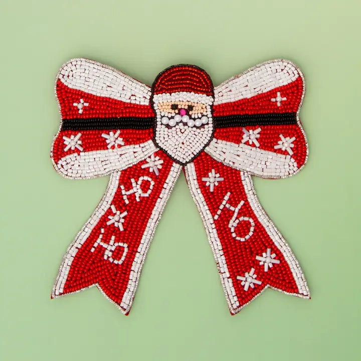 Christmas Beaded Bow Barrette - Santa