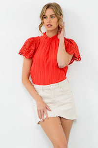 Eyelet Sleeve Blouse - Coral