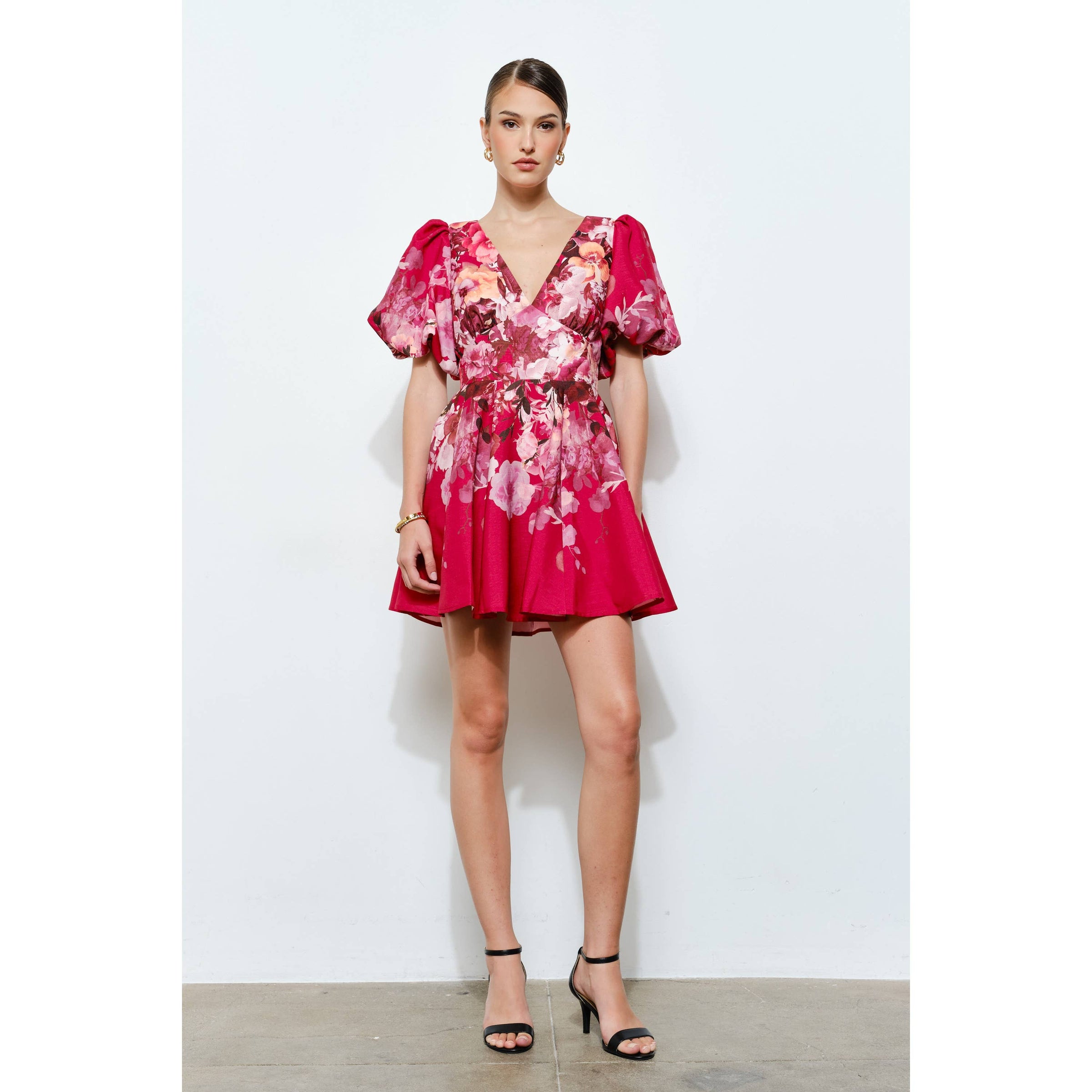 Floral Puff Sleeve Mini Dress - Floral Red