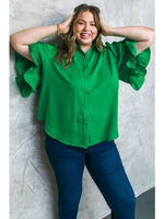 Kelly Green Woven Button Up Blouse - Curve