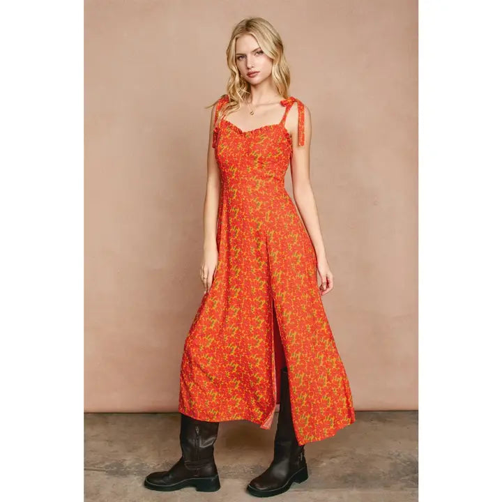 Floral Sweetheart Midi Dress - Orange