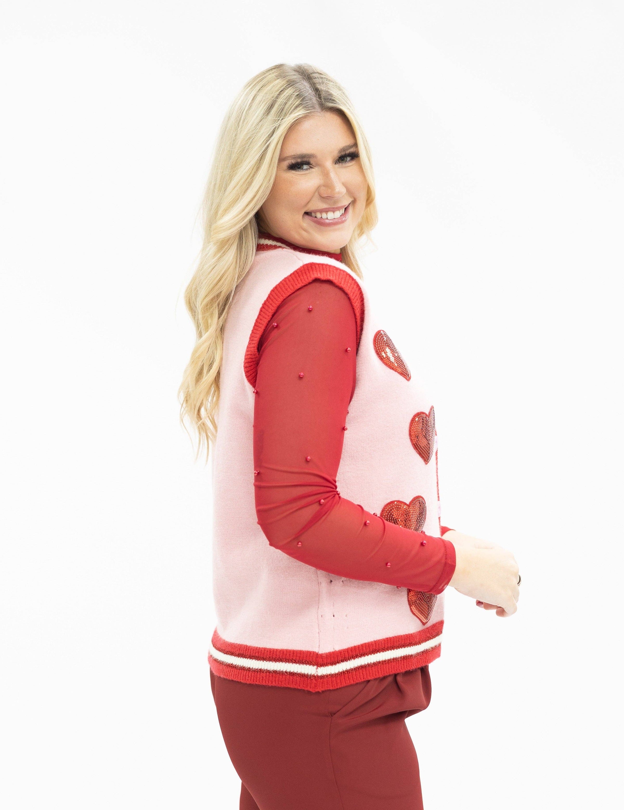 Sequin Hearts Sweater Vest - Pink
