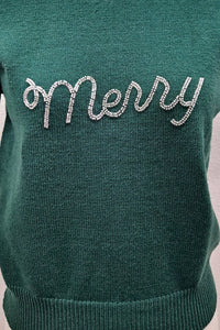 Rhinestone Merry Puff Sleeve Sweater - Green