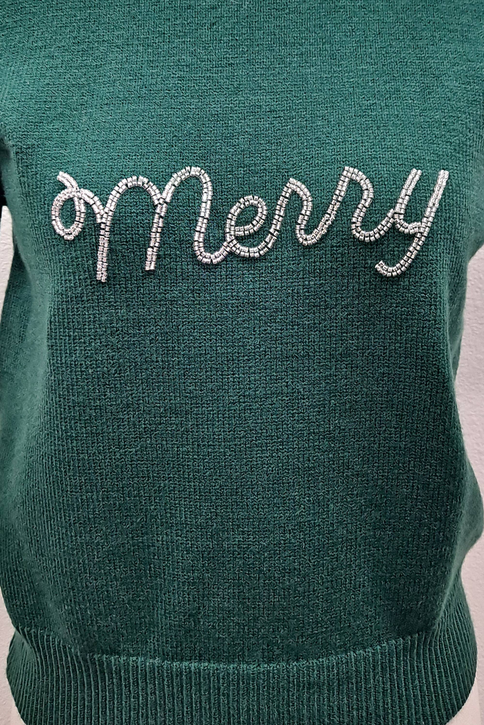 Rhinestone Merry Puff Sleeve Sweater - Green