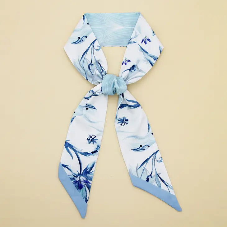 Floral Twilly Skinny Scarf - Light Blue