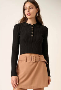 Polo Knit Cropped Top - Black