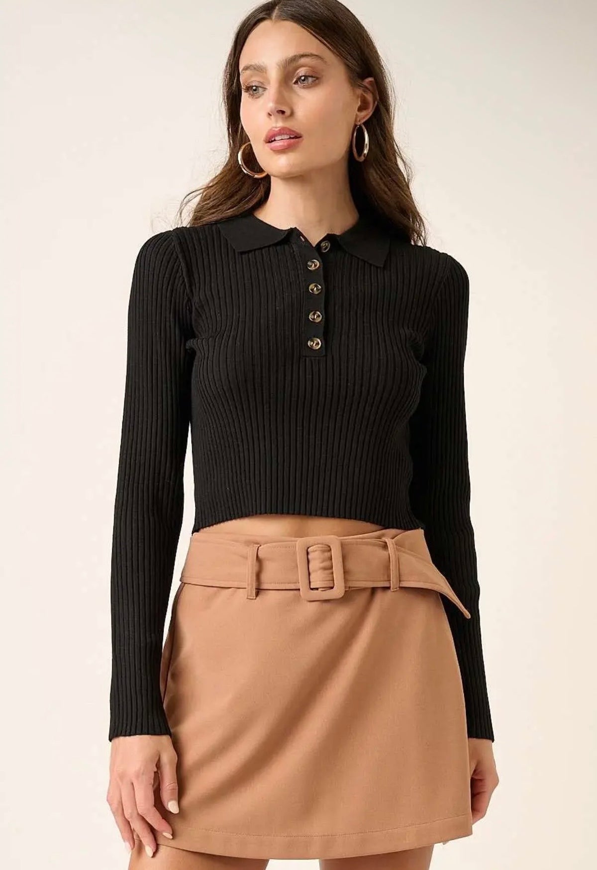 Polo Knit Cropped Top - Black