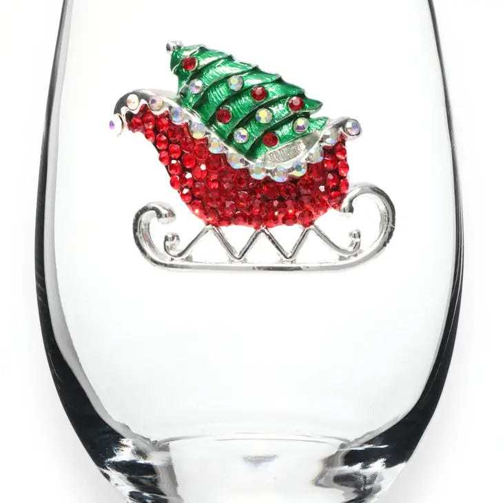 Jeweled Stemless Wine Glass - Christmas Sleigh