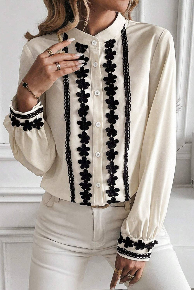 Floral Embroidered Stand Neck Blouse - Beige