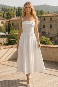 Ruched A-Line Midi Dress - White