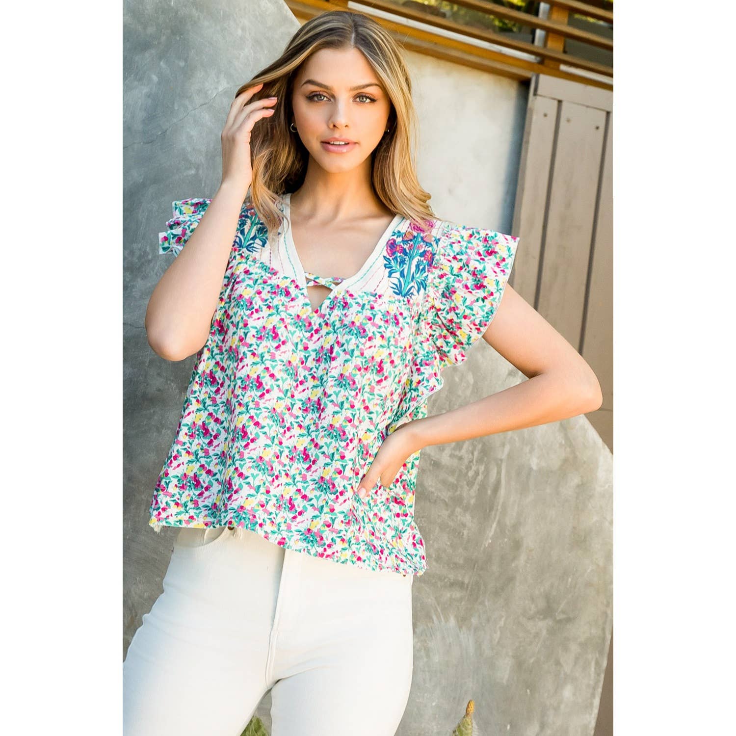 Floral Embroidered Blouse - Teal