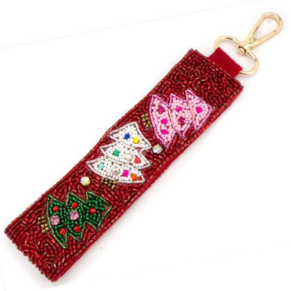 Christmas Tree Beaded Wristlet Strap - Red