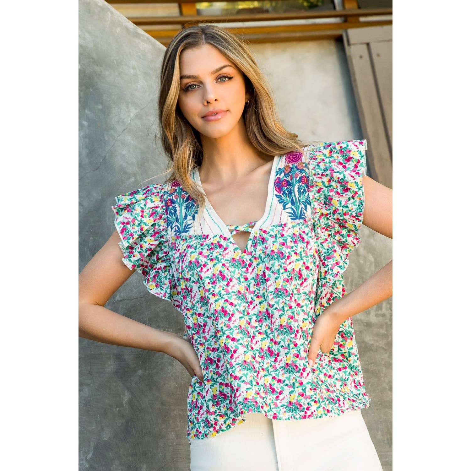 Floral Embroidered Blouse - Teal