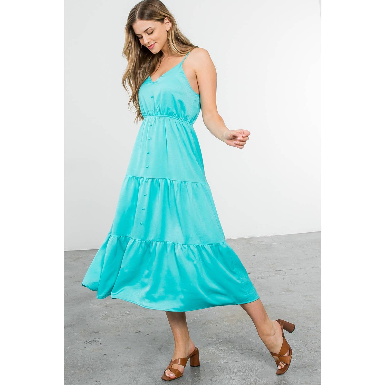 Button Up Tiered Maxi Dress - Aqua