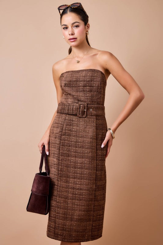 Strapless Tweed Midi Dress - Espresso