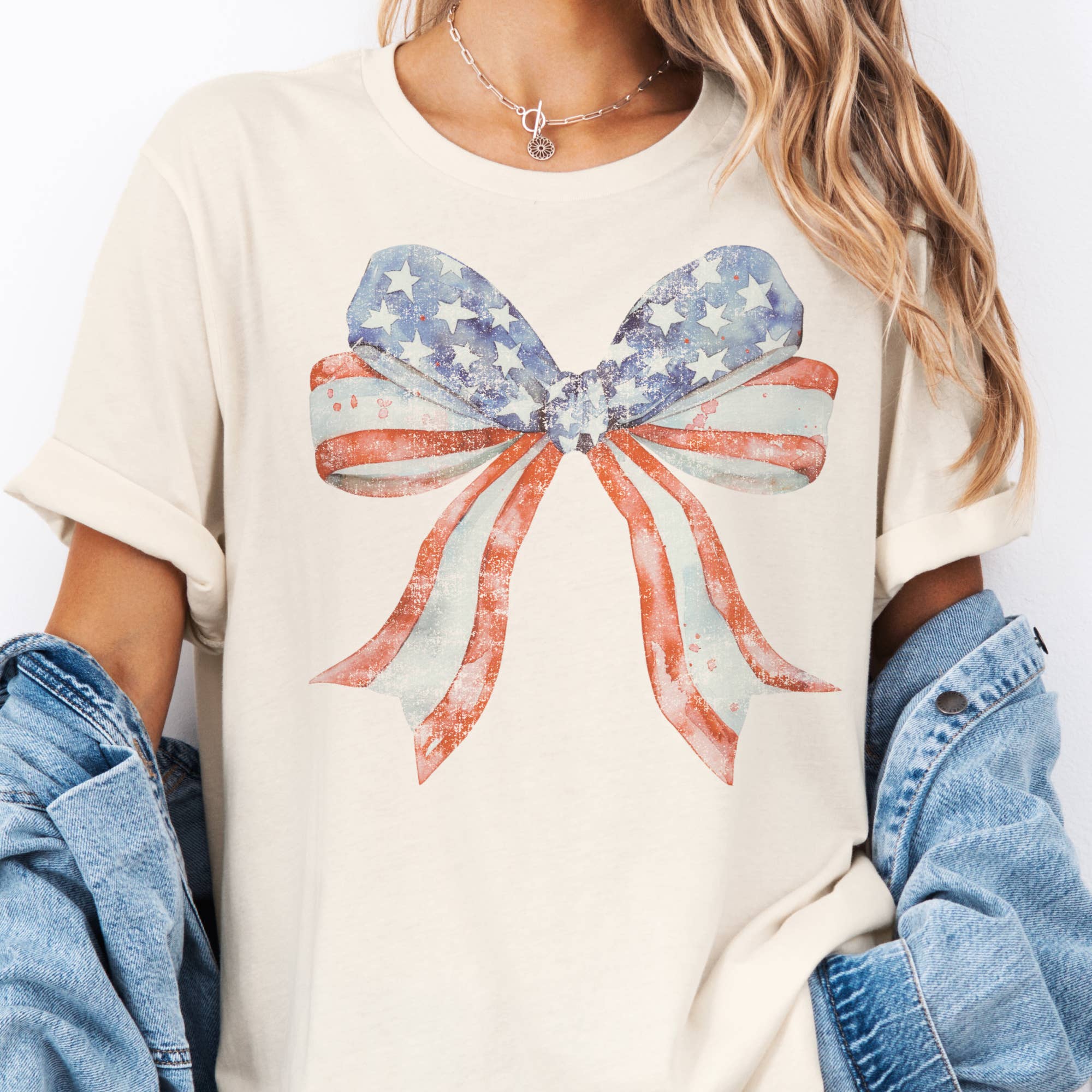 Retro Patriotic Bow Graphic Tee - Cream
