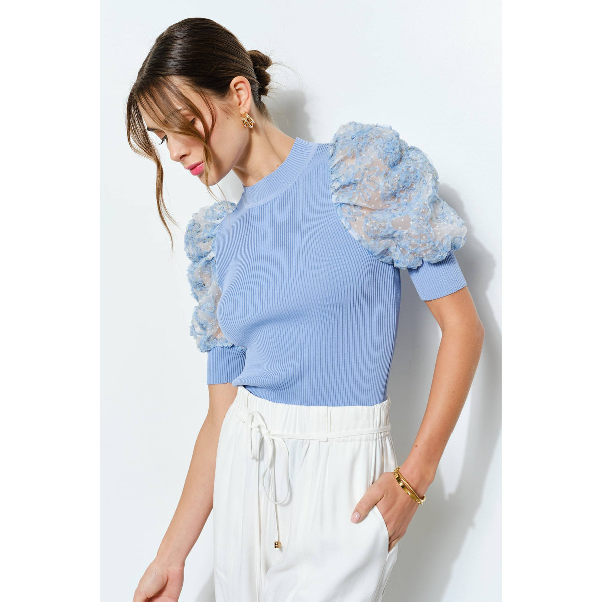 Floral Puff Sleeve Top - Blue