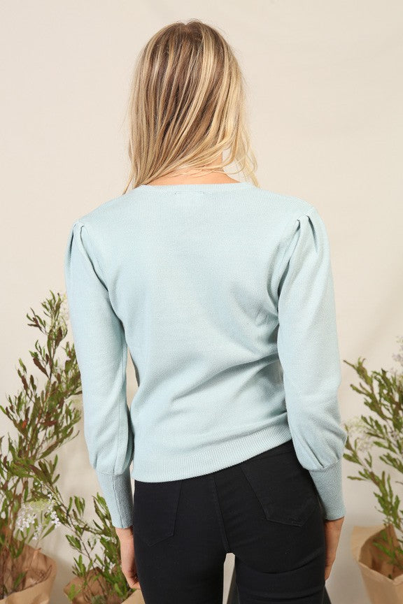 Crew Neck Puff Sleeve Sweater - Dusty Mint