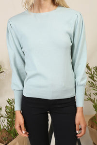 Crew Neck Puff Sleeve Sweater - Dusty Mint