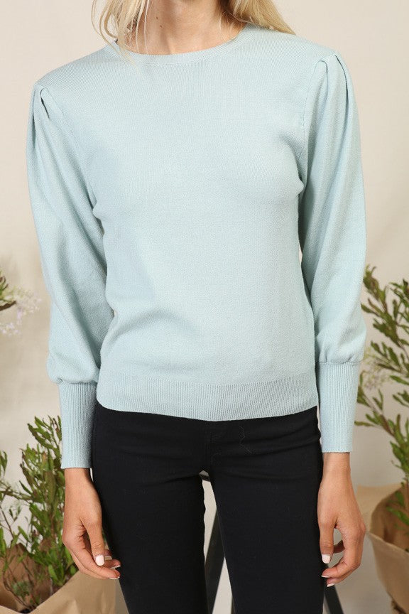 Crew Neck Puff Sleeve Sweater - Dusty Mint