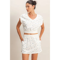 Floral V-Neck Top - White/Blue