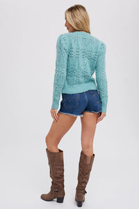 Pointelle Puff Sleeve Sweater - Mint
