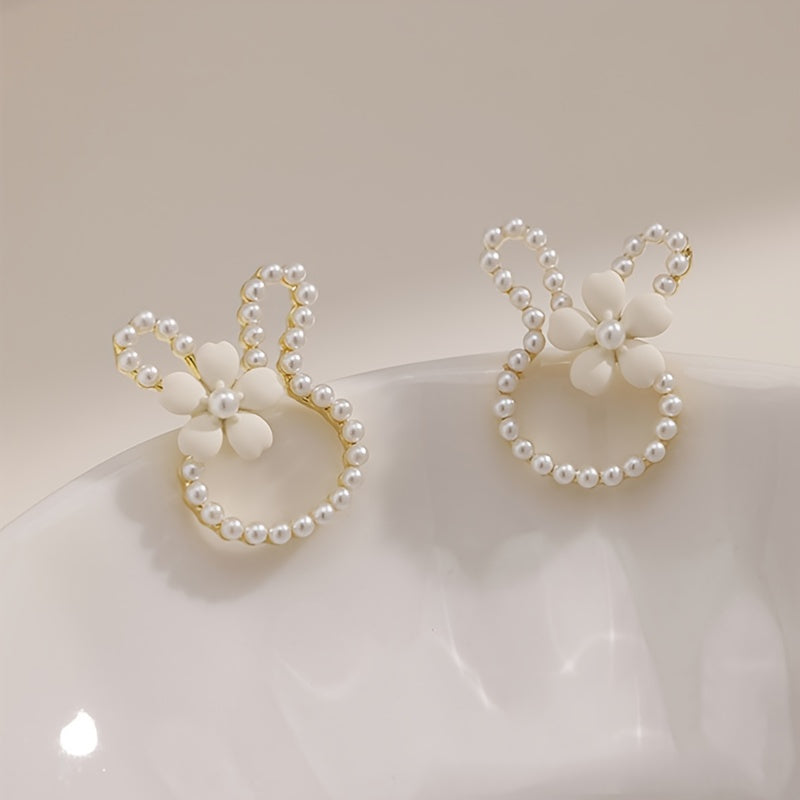 Pearl Stud Bunny Earrings - White