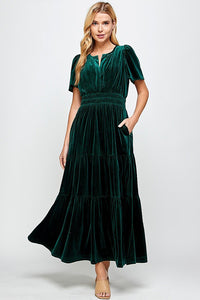 Velvet Tiered Dress - Forest