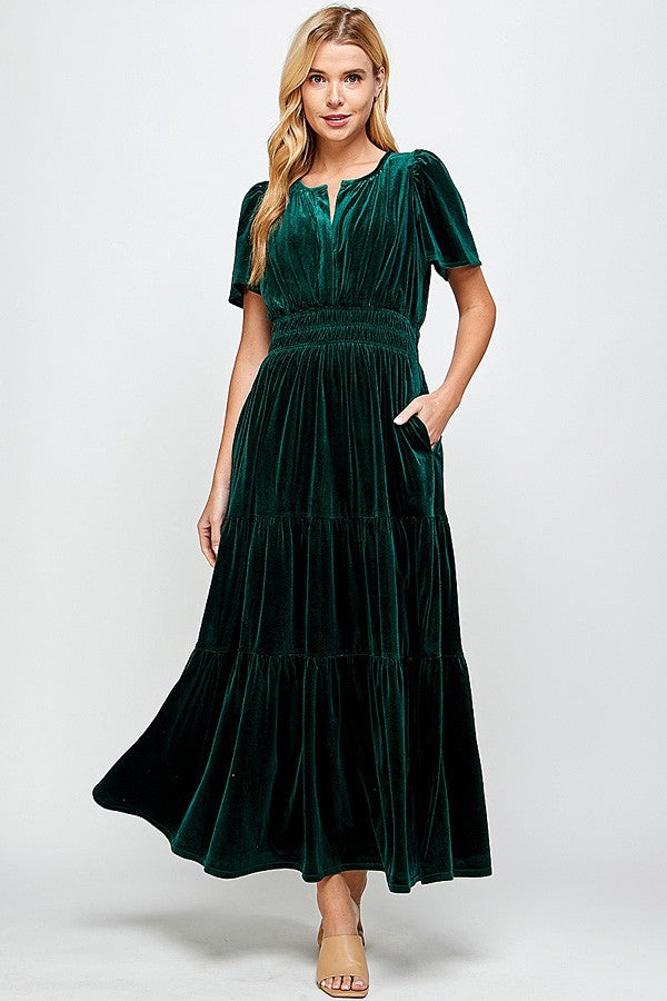 Velvet Tiered Dress - Forest
