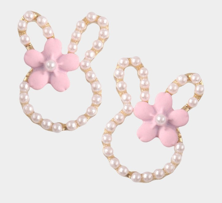 Pearl Stud Bunny Earrings - Pink