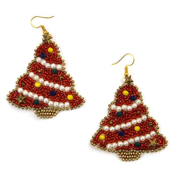 Beaded Christmas Tree Earrings - Red