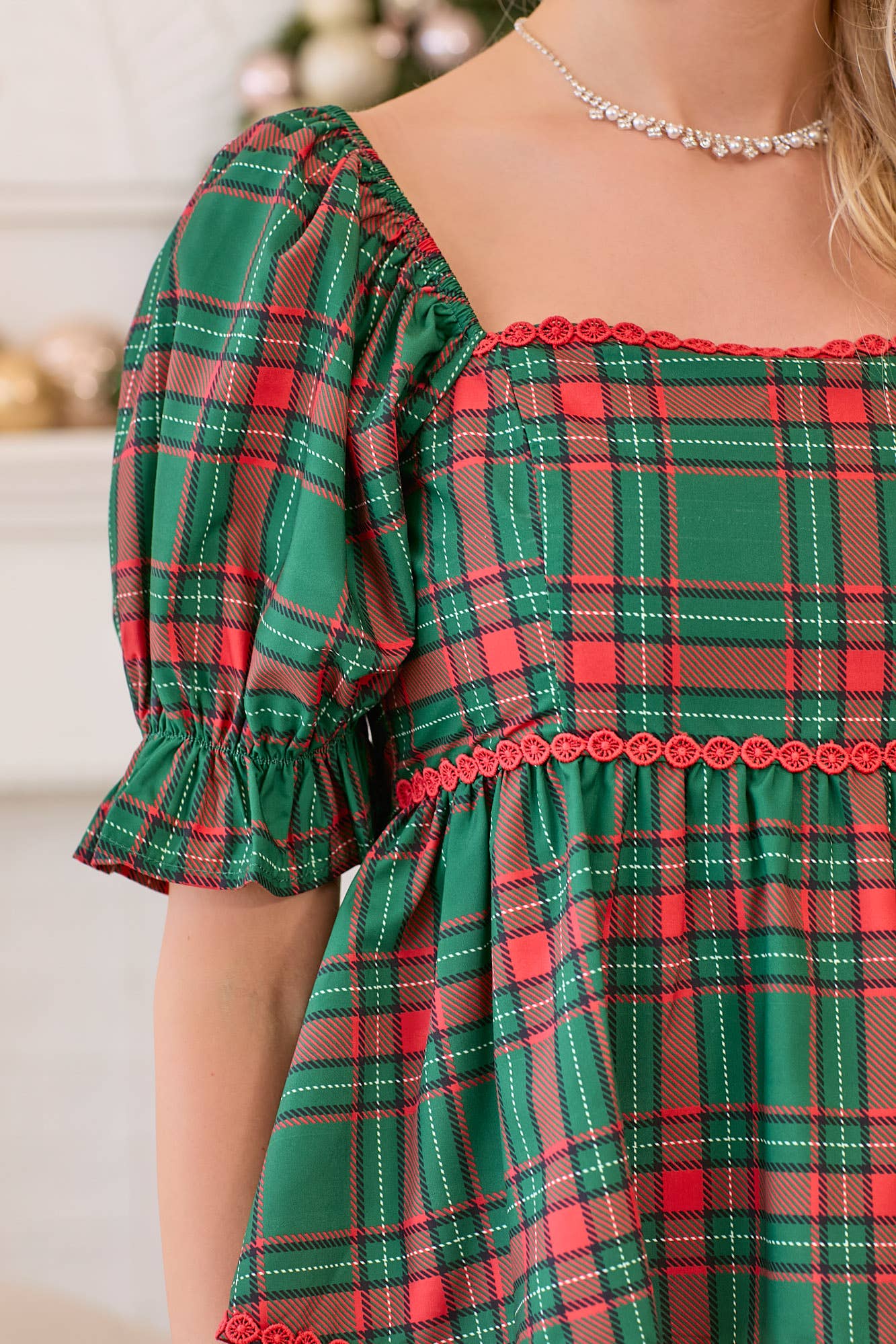 Plaid Lace Trim Baby Doll Puff Sleeve Top - Hunter Green Large / Hunter Green Plaid Lace Trim Baby Doll Puff Sleeve Top - Hunter Green Large / Hunter Green
