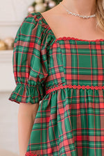 Plaid Lace Trim Baby Doll Puff Sleeve Top - Hunter Green