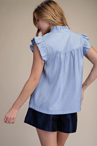 Ruffle Button Up Blouse - Dusty Blue